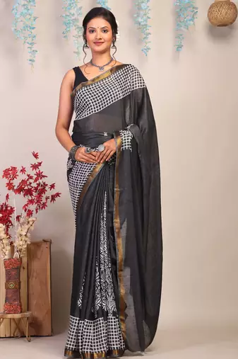 black & white zari work cotton silk blend bhagalpuri ethnic saree with unstitched blouse