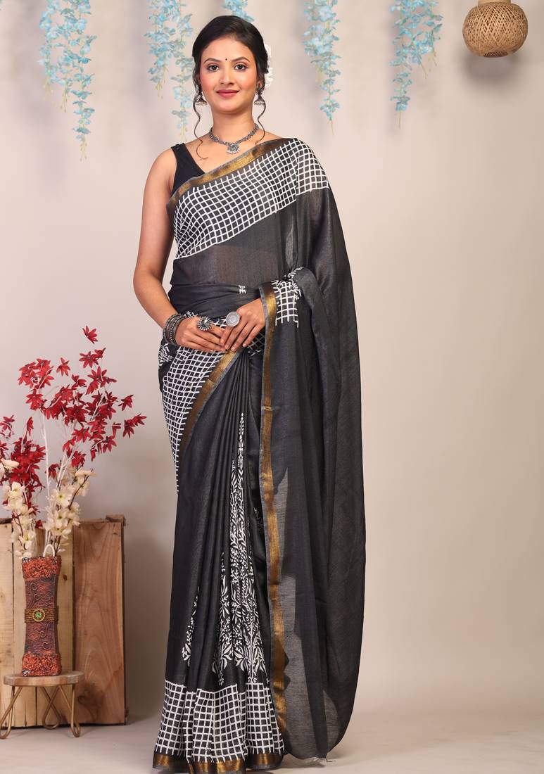 black & white zari work cotton silk blend bhagalpuri ethnic saree with unstitched blouse