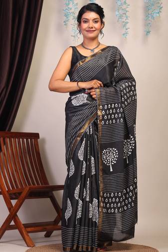 black & white zari work cotton silk blend bhagalpuri ethnic saree with unstitched blouse