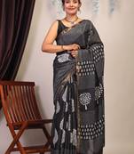 black & white zari work cotton silk blend bhagalpuri ethnic saree with unstitched blouse