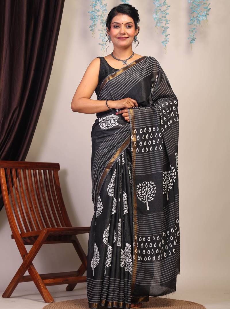 black & white zari work cotton silk blend bhagalpuri ethnic saree with unstitched blouse