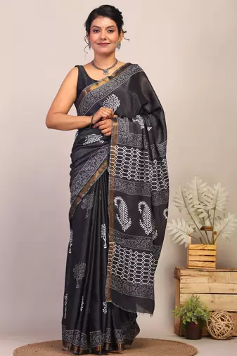 black & white zari work cotton silk blend bhagalpuri ethnic saree with unstitched blouse