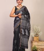 black & white zari work cotton silk blend bhagalpuri ethnic saree with unstitched blouse