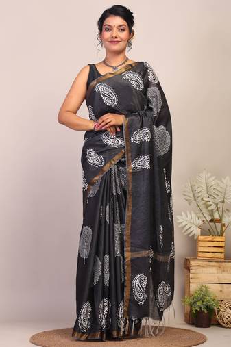 black & white zari work cotton silk blend bhagalpuri ethnic saree with unstitched blouse