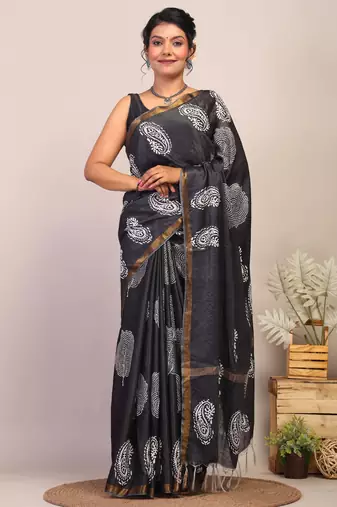 black & white zari work cotton silk blend bhagalpuri ethnic saree with unstitched blouse