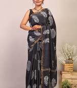 black & white zari work cotton silk blend bhagalpuri ethnic saree with unstitched blouse