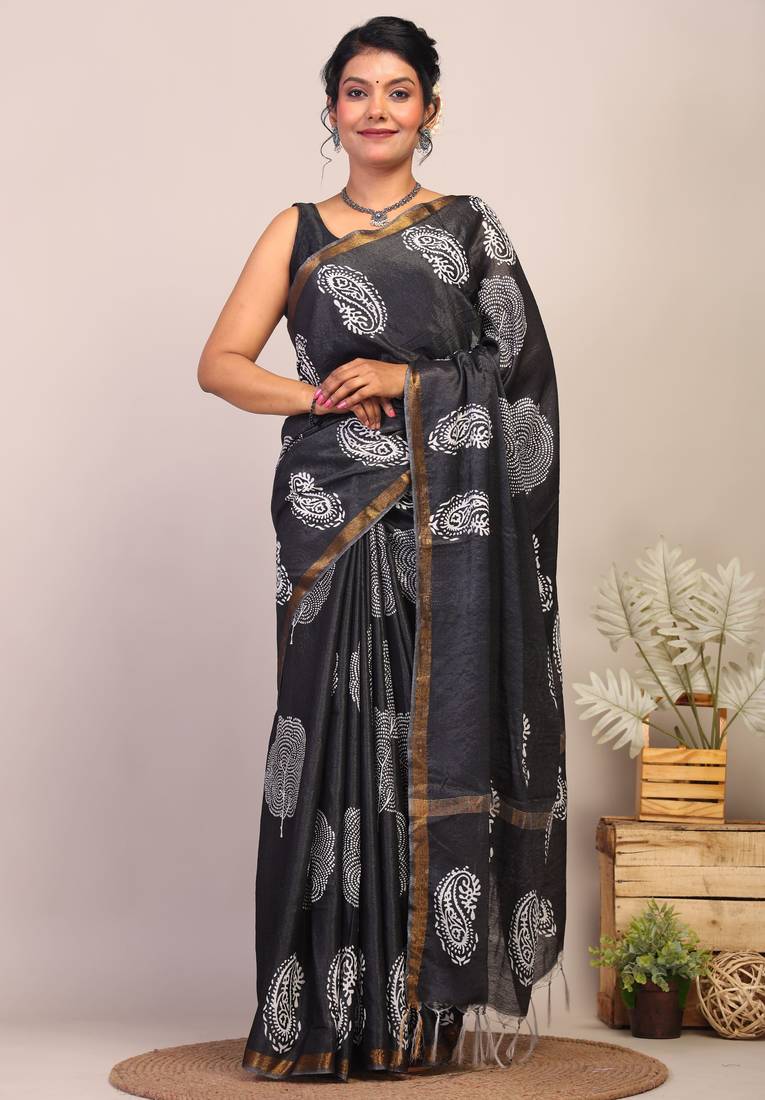 black & white zari work cotton silk blend bhagalpuri ethnic saree with unstitched blouse