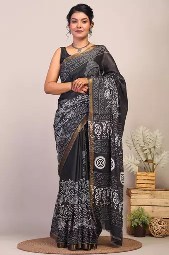 black & white zari work cotton silk blend bhagalpuri ethnic saree with unstitched blouse