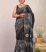 black & white zari work cotton silk blend bhagalpuri ethnic saree with unstitched blouse