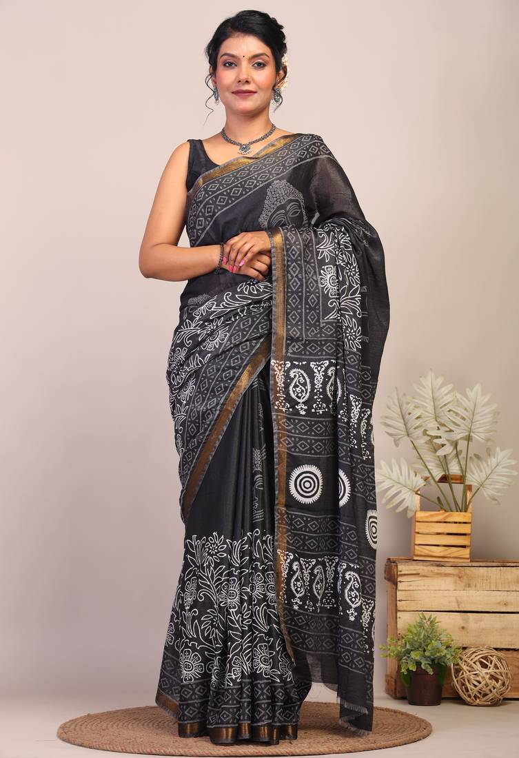 black & white zari work cotton silk blend bhagalpuri ethnic saree with unstitched blouse