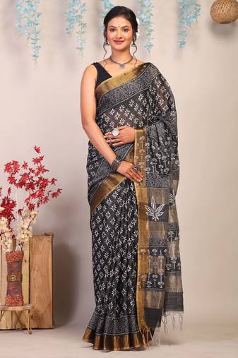 black & white zari work cotton silk blend bhagalpuri ethnic saree with unstitched blouse