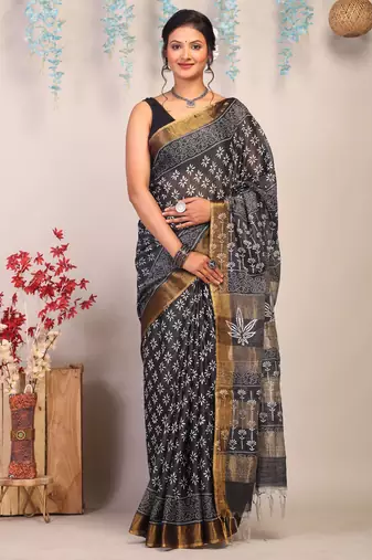 black & white zari work cotton silk blend bhagalpuri ethnic saree with unstitched blouse