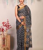 black & white zari work cotton silk blend bhagalpuri ethnic saree with unstitched blouse