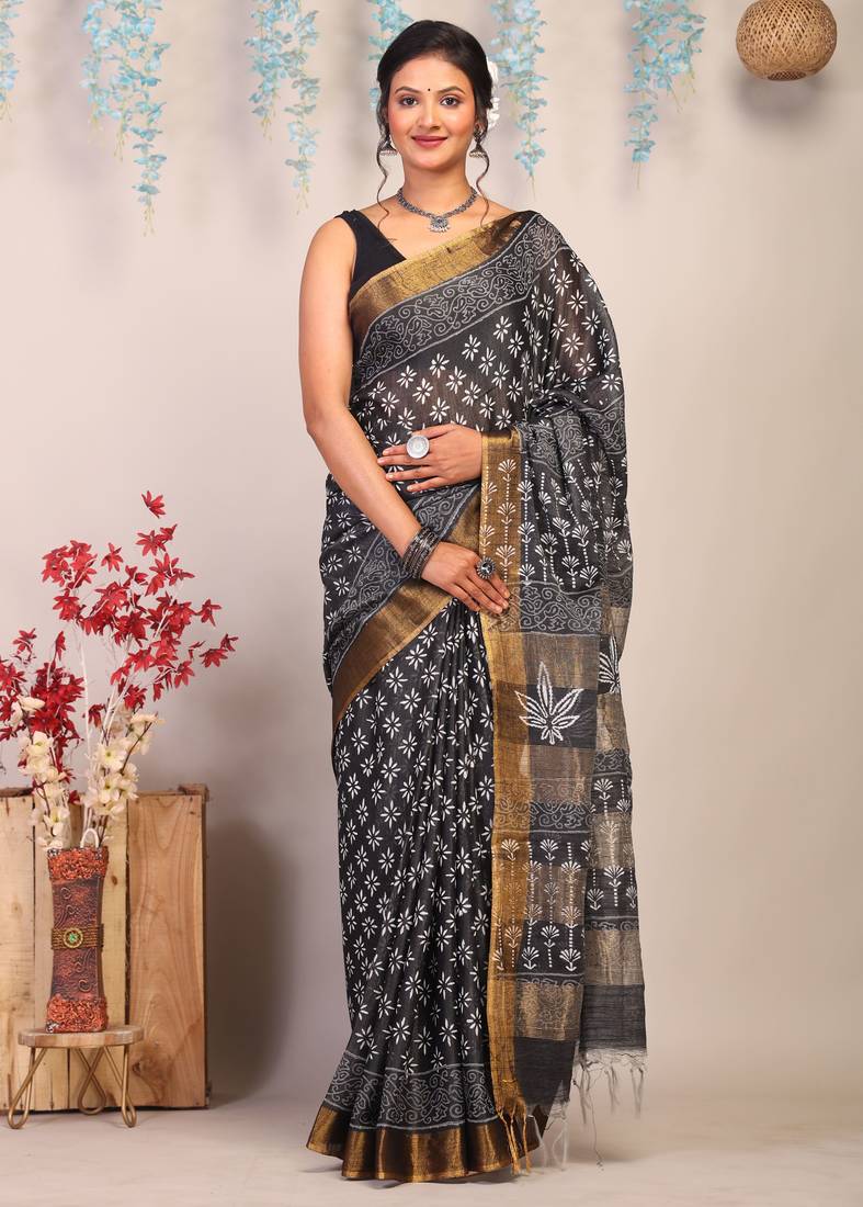 black & white zari work cotton silk blend bhagalpuri ethnic saree with unstitched blouse