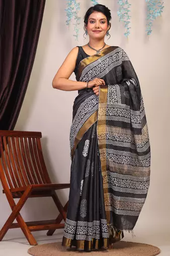 black & white zari work cotton silk blend bhagalpuri ethnic saree with unstitched blouse