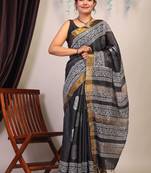 black & white zari work cotton silk blend bhagalpuri ethnic saree with unstitched blouse