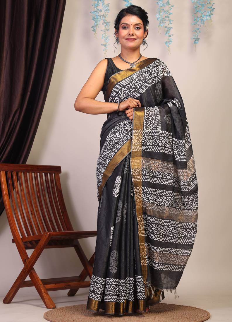 black & white zari work cotton silk blend bhagalpuri ethnic saree with unstitched blouse