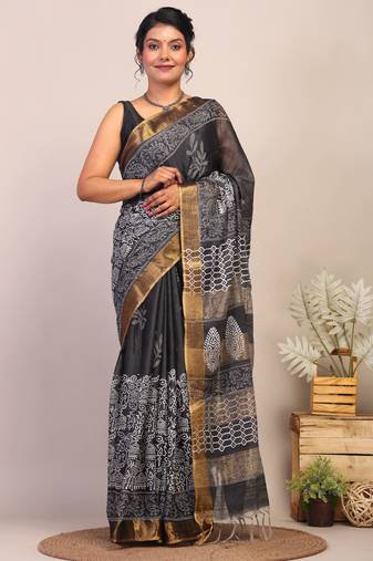 black & white zari work cotton silk blend bhagalpuri ethnic saree with unstitched blouse