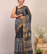 black & white zari work cotton silk blend bhagalpuri ethnic saree with unstitched blouse