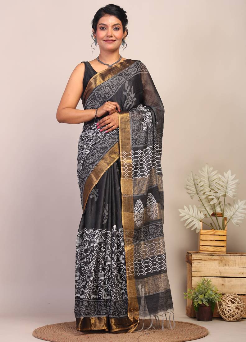 black & white zari work cotton silk blend bhagalpuri ethnic saree with unstitched blouse