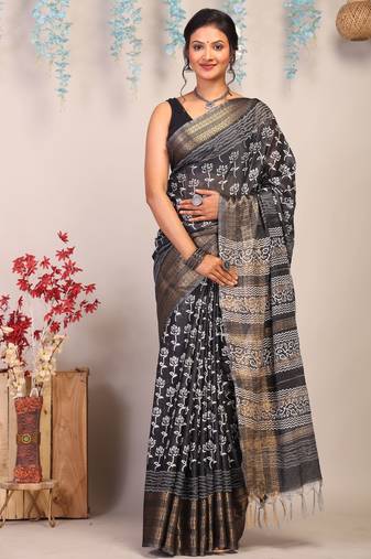 black & white zari work cotton silk blend bhagalpuri ethnic saree with unstitched blouse