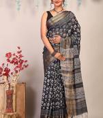 black & white zari work cotton silk blend bhagalpuri ethnic saree with unstitched blouse