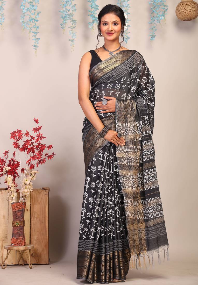 black & white zari work cotton silk blend bhagalpuri ethnic saree with unstitched blouse