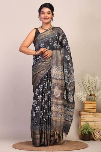 black & white zari work cotton silk blend bhagalpuri ethnic saree with unstitched blouse