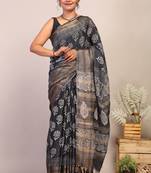 black & white zari work cotton silk blend bhagalpuri ethnic saree with unstitched blouse