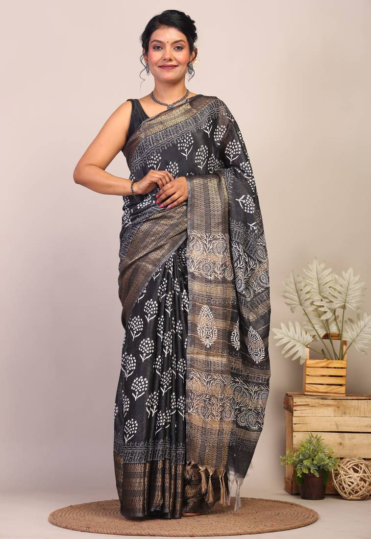 black & white zari work cotton silk blend bhagalpuri ethnic saree with unstitched blouse
