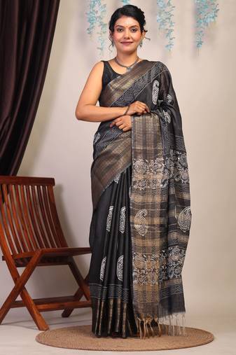 black & white zari work cotton silk blend bhagalpuri ethnic saree with unstitched blouse