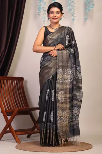 black & white zari work cotton silk blend bhagalpuri ethnic saree with unstitched blouse