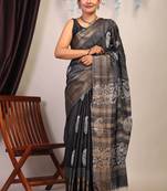 black & white zari work cotton silk blend bhagalpuri ethnic saree with unstitched blouse