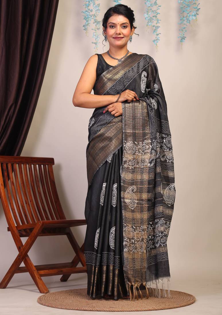 black & white zari work cotton silk blend bhagalpuri ethnic saree with unstitched blouse