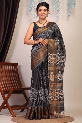 black & white zari work cotton silk blend bhagalpuri ethnic saree with unstitched blouse
