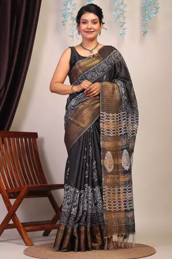 black & white zari work cotton silk blend bhagalpuri ethnic saree with unstitched blouse