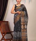 black & white zari work cotton silk blend bhagalpuri ethnic saree with unstitched blouse