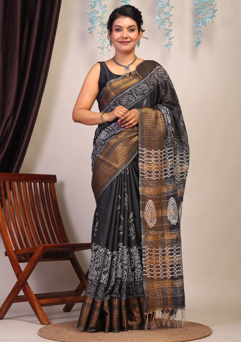 black & white zari work cotton silk blend bhagalpuri ethnic saree with unstitched blouse