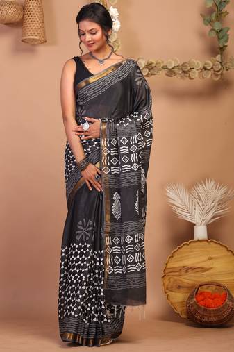 black & white zari work cotton silk blend bhagalpuri ethnic saree with unstitched blouse