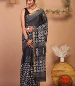 black & white zari work cotton silk blend bhagalpuri ethnic saree with unstitched blouse