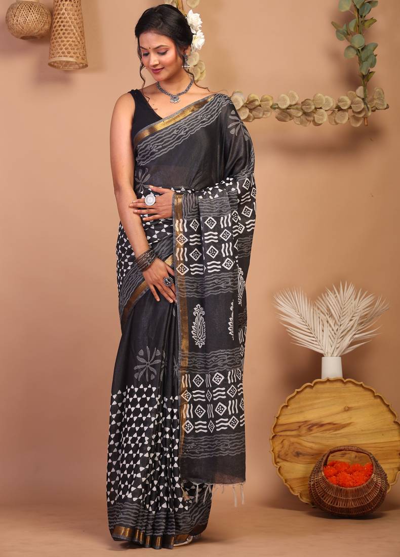 black & white zari work cotton silk blend bhagalpuri ethnic saree with unstitched blouse