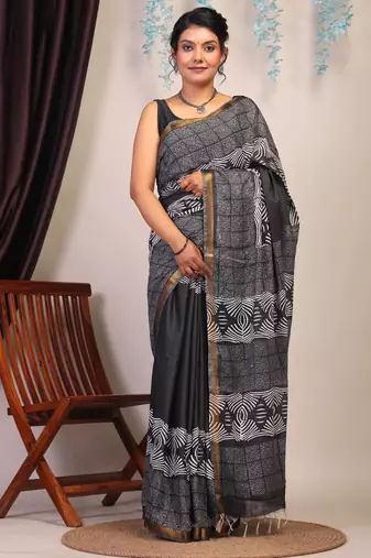 black & white zari work cotton silk blend bhagalpuri ethnic saree with unstitched blouse