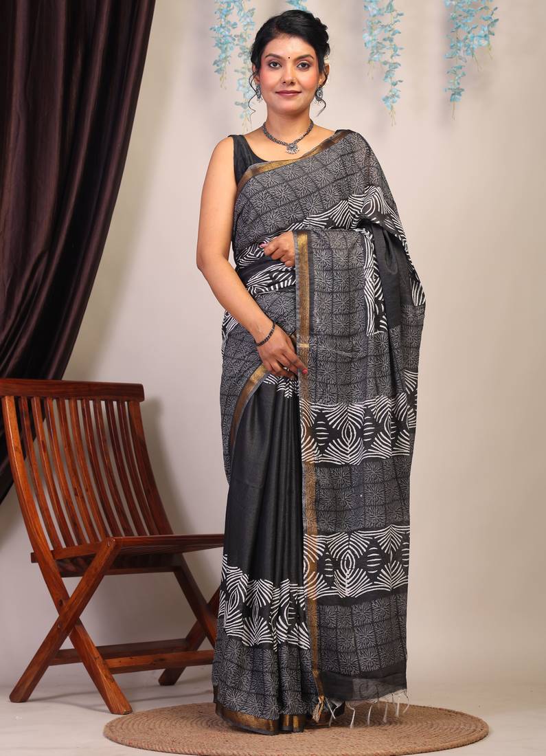 black & white zari work cotton silk blend bhagalpuri ethnic saree with unstitched blouse