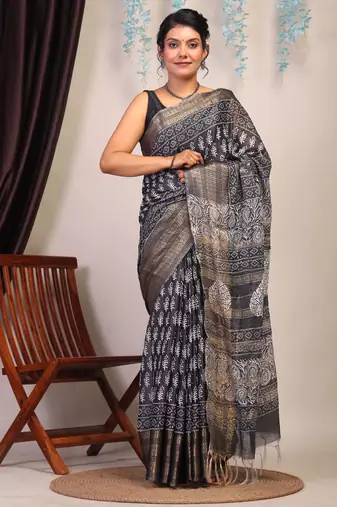 black & white zari work cotton silk blend bhagalpuri ethnic saree with unstitched blouse
