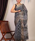 black & white zari work cotton silk blend bhagalpuri ethnic saree with unstitched blouse