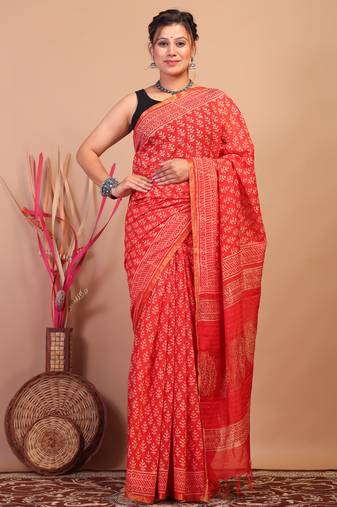 red zari work, sequence cotton silk blend bhagalpuri ethnic saree with unstitched blouse