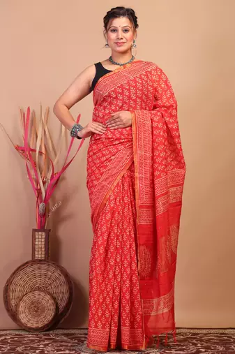 red zari work, sequence cotton silk blend bhagalpuri ethnic saree with unstitched blouse