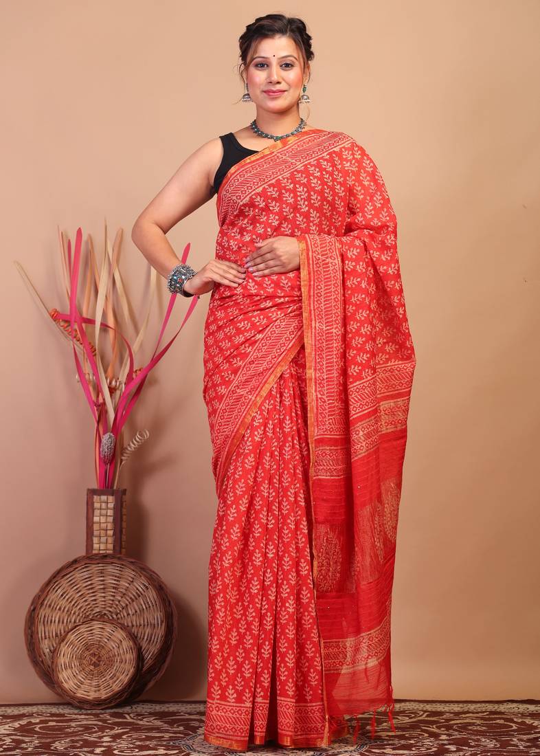 red zari work, sequence cotton silk blend bhagalpuri ethnic saree with unstitched blouse