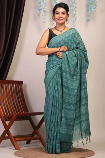 teal green sequence cotton silk blend bhagalpuri ethnic saree with unstitched blouse