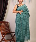 teal green sequence cotton silk blend bhagalpuri ethnic saree with unstitched blouse